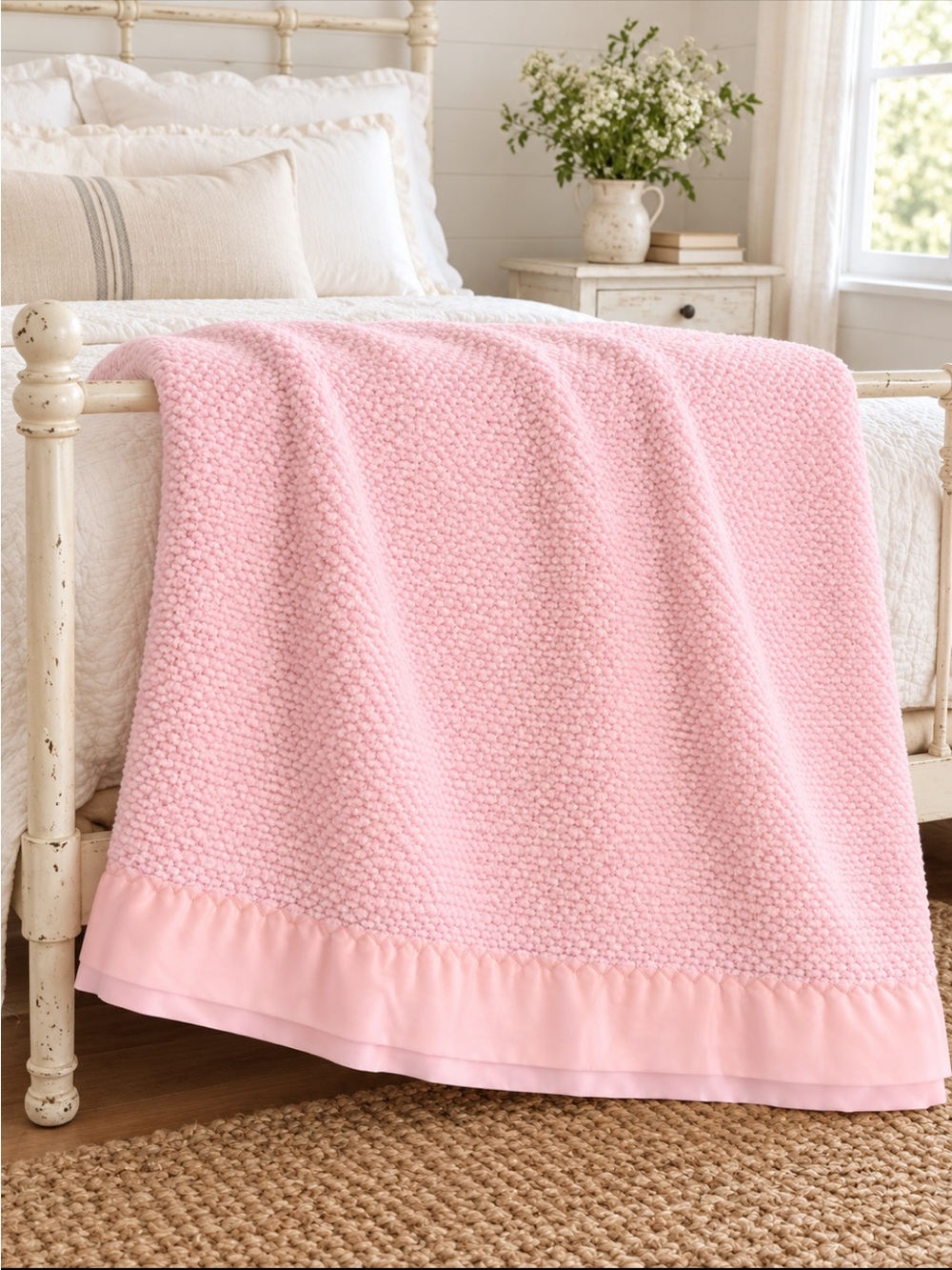 Vintage Twin Bubblegum Pink Waffle Weave Blanket w/ Silky Nylon Trim Binding